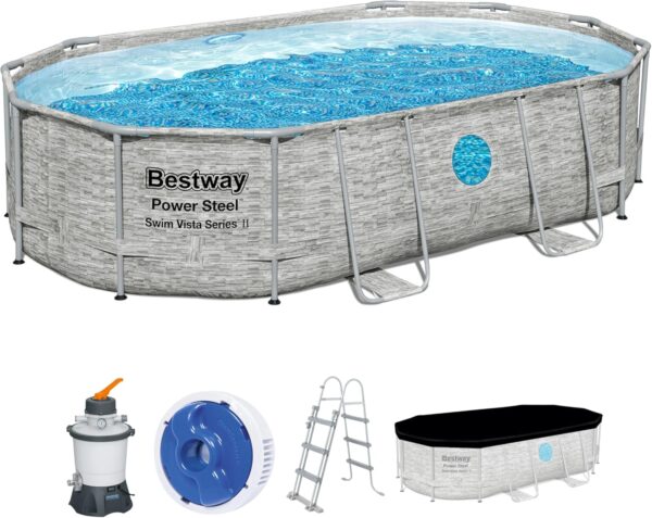 Bestway Power Steel Swim Vista Series Pool Kit Complet Ovale avec Filtre à Sable échelle de sécurité et bâche 488 x 305 x 107 cm