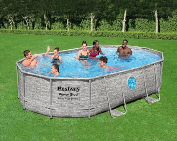 Bestway Power Steel Swim Vista Series Pool Kit Complet Ovale avec Filtre à Sable échelle de sécurité et bâche 488 x 305 x 107 cm