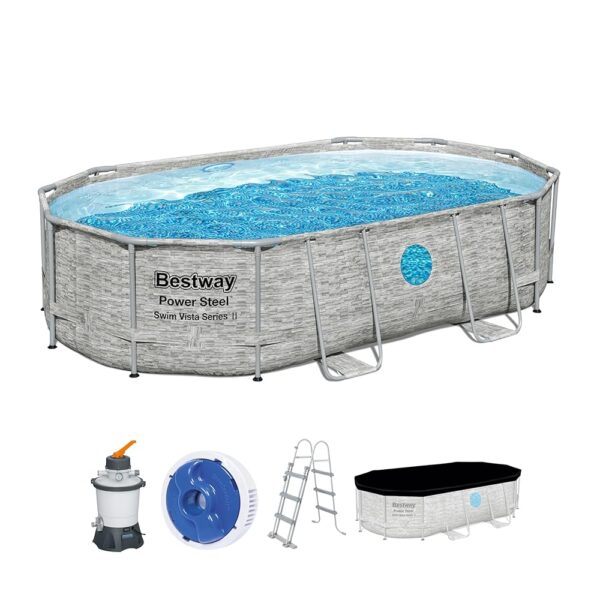 Bestway Power Steel Swim Vista Series Pool Kit Complet Ovale avec Filtre à Sable échelle de sécurité et bâche 488 x 305 x 107 cm