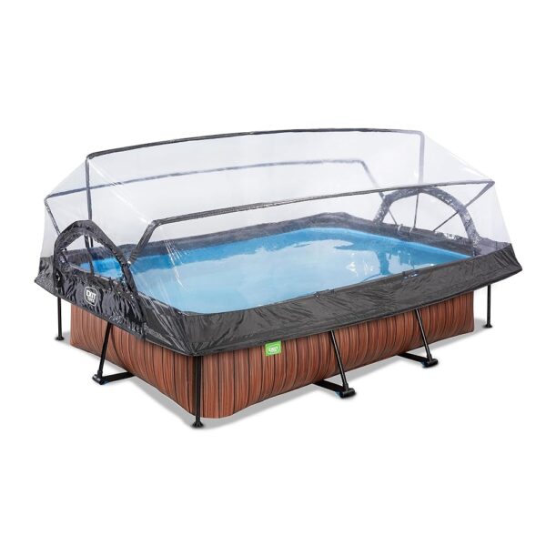 EXIT TOYS Piscine en Bois avec Couvercle Multifonctionnel 300x200x65cm Piscine Rectangulaire à Cadre Compact avec Pompe à Filtre à Cartouche pour Une Eau de Piscine Propre
