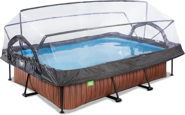 EXIT TOYS Piscine en Bois avec Couvercle Multifonctionnel 300x200x65cm Piscine Rectangulaire à Cadre Compact avec Pompe à Filtre à Cartouche pour Une Eau de Piscine Propre
