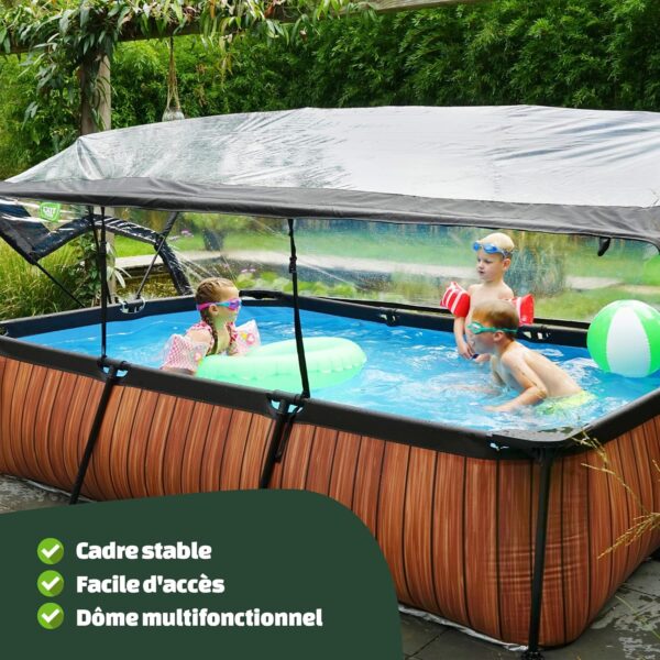EXIT TOYS Piscine en Bois avec Couvercle Multifonctionnel 300x200x65cm Piscine Rectangulaire à Cadre Compact avec Pompe à Filtre à Cartouche pour Une Eau de Piscine Propre