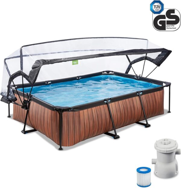 EXIT TOYS Piscine en Bois avec Couvercle Multifonctionnel 300x200x65cm Piscine Rectangulaire à Cadre Compact avec Pompe à Filtre à Cartouche pour Une Eau de Piscine Propre
