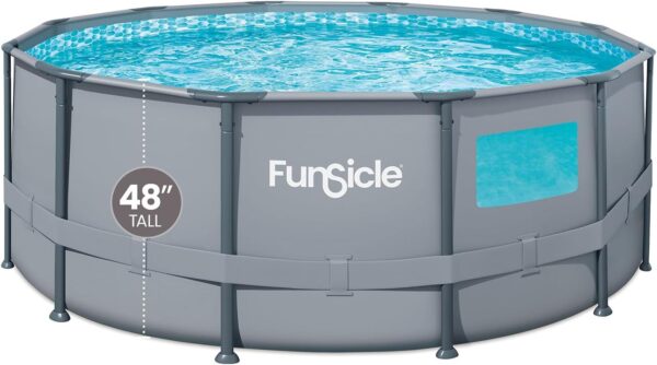 FUNSICLE Piscine Tubulaire Hors Sol Ronde À Hublot Épurateur Échelle de Sécurité Kit dentretien Bâche Tapis de Sol Ø 366M X H122M Couleur Grise