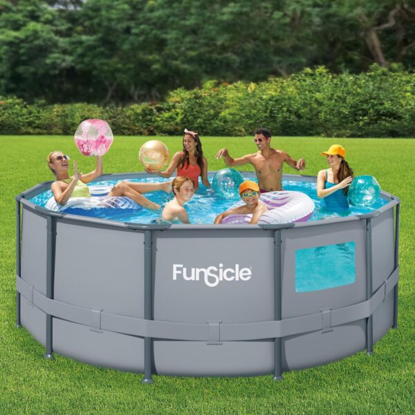 FUNSICLE Piscine Tubulaire Hors Sol Ronde À Hublot Épurateur Échelle de Sécurité Kit dentretien Bâche Tapis de Sol Ø 366M X H122M Couleur Grise