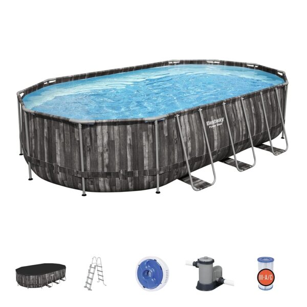 Piscine BESTWAY Hors Sol Ovale Power Steel™ décor Bois 610 x 366 x 122 cm Filtre à Cartouche