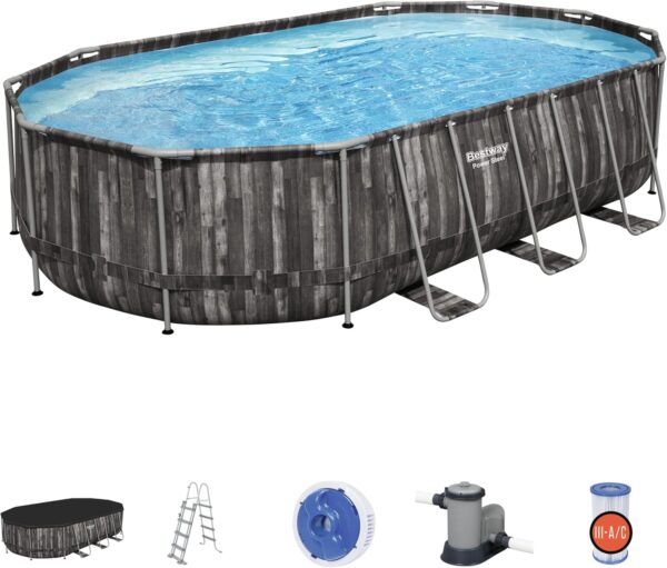 Piscine BESTWAY Hors Sol Ovale Power Steel™ décor Bois 610 x 366 x 122 cm Filtre à Cartouche