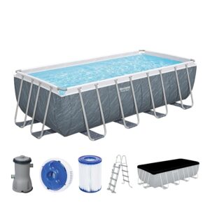 Piscine Power Steel™ rectangulaire 488 x 244 x 122 cm motif marbre gris filtration à cartouche échelle bâche diffuseur Chemconnect™