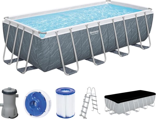Piscine Power Steel™ rectangulaire 488 x 244 x 122 cm motif marbre gris filtration à cartouche échelle bâche diffuseur Chemconnect™
