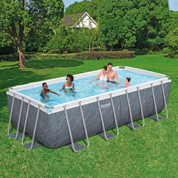 Piscine Power Steel™ rectangulaire 488 x 244 x 122 cm motif marbre gris filtration à cartouche échelle bâche diffuseur Chemconnect™