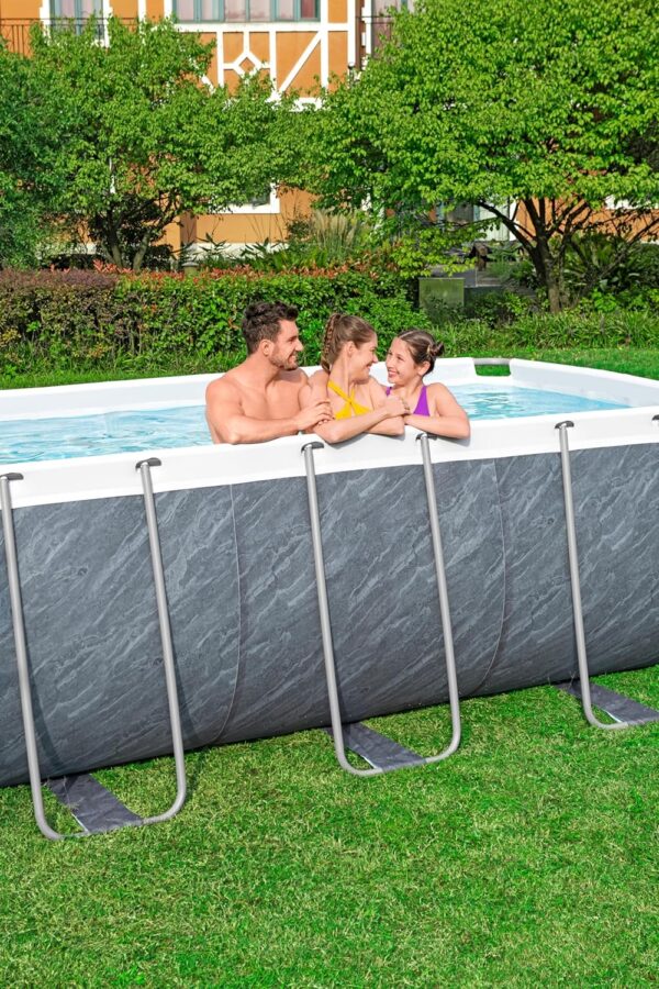 Piscine Power Steel™ rectangulaire 488 x 244 x 122 cm motif marbre gris filtration à cartouche échelle bâche diffuseur Chemconnect™