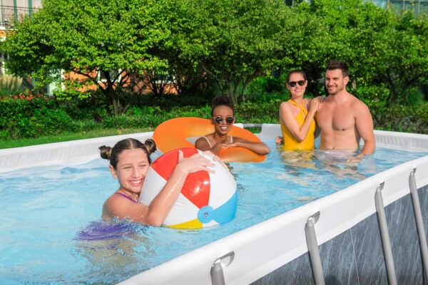 Piscine Power Steel™ rectangulaire 488 x 244 x 122 cm motif marbre gris filtration à cartouche échelle bâche diffuseur Chemconnect™
