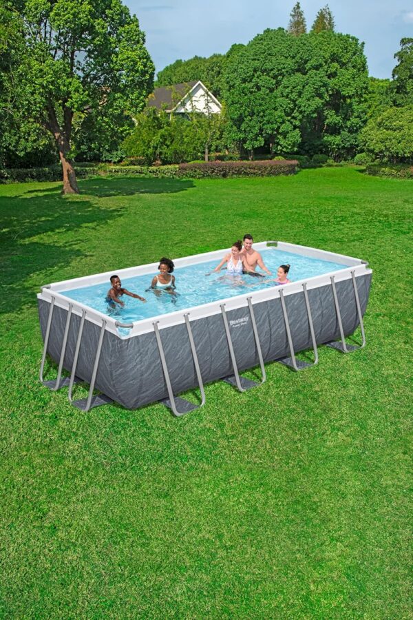 Piscine Power Steel™ rectangulaire 488 x 244 x 122 cm motif marbre gris filtration à cartouche échelle bâche diffuseur Chemconnect™